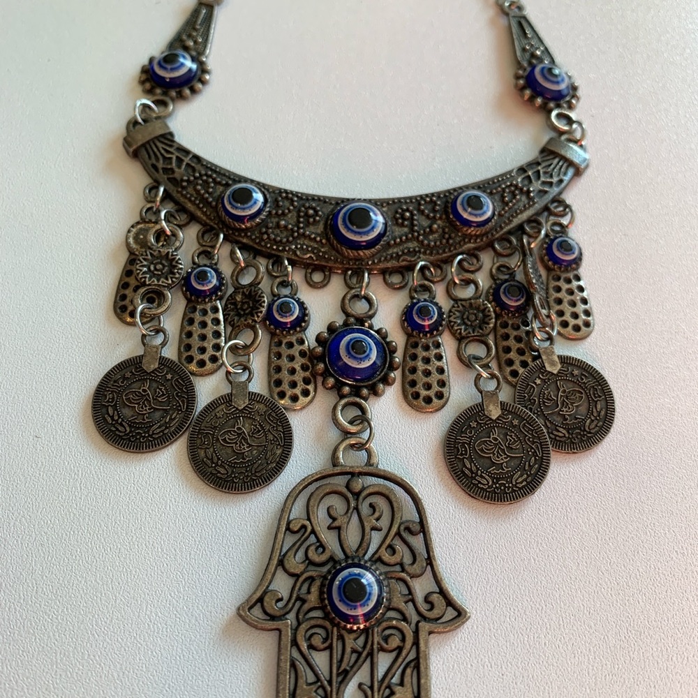 Silver and Blue Hamsa Hand Necklace with Coin Medallions and Evil Eyes